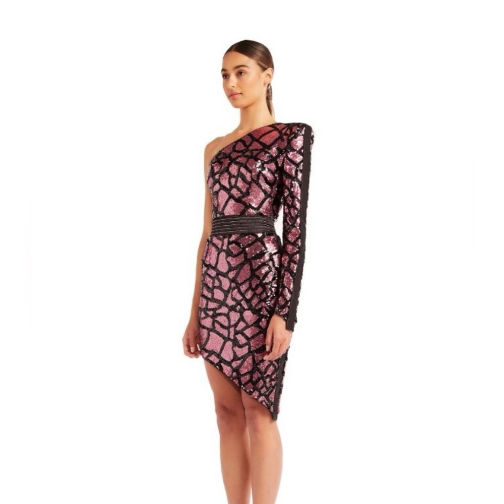 Zhivago Black and Pink One-Shoulder Sequin Asymmetrical Dress